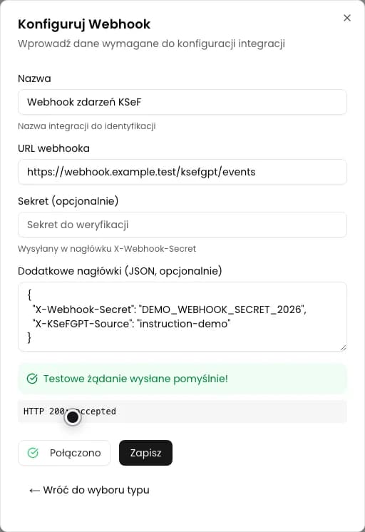 Formularz Webhook z nagłówkiem uwierzytelniającym i udanym wynikiem testu