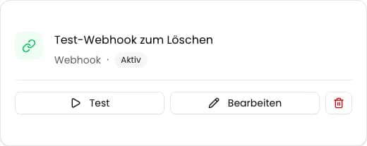 Karte einer nicht verwendeten Webhook-Integration mit Löschschaltfläche