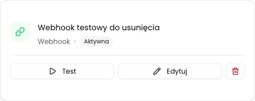 Karta nieużywanej integracji Webhook z przyciskiem usuwania