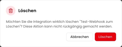 Bestätigung zum Löschen einer Integration mit Verbindungsname und Warnung