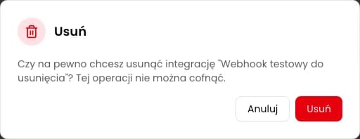 Okno potwierdzenia usunięcia integracji z nazwą połączenia i ostrzeżeniem