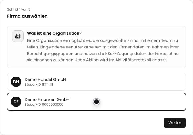 Erster Schritt des KSeFGPT Organisationsassistenten mit ausgewählter Demo-Firma und Schaltfläche Weiter