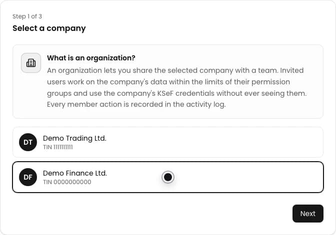 First step of the KSeFGPT organization wizard with a demo company selected and the Next button