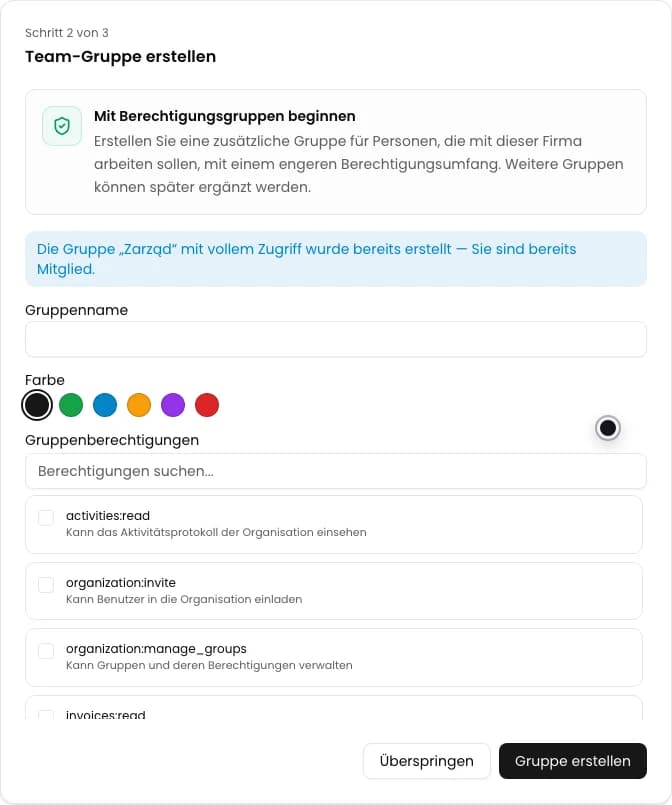 Zweiter Schritt des KSeFGPT Assistenten mit Hinweis zur vorhandenen Systemgruppe Zarząd
