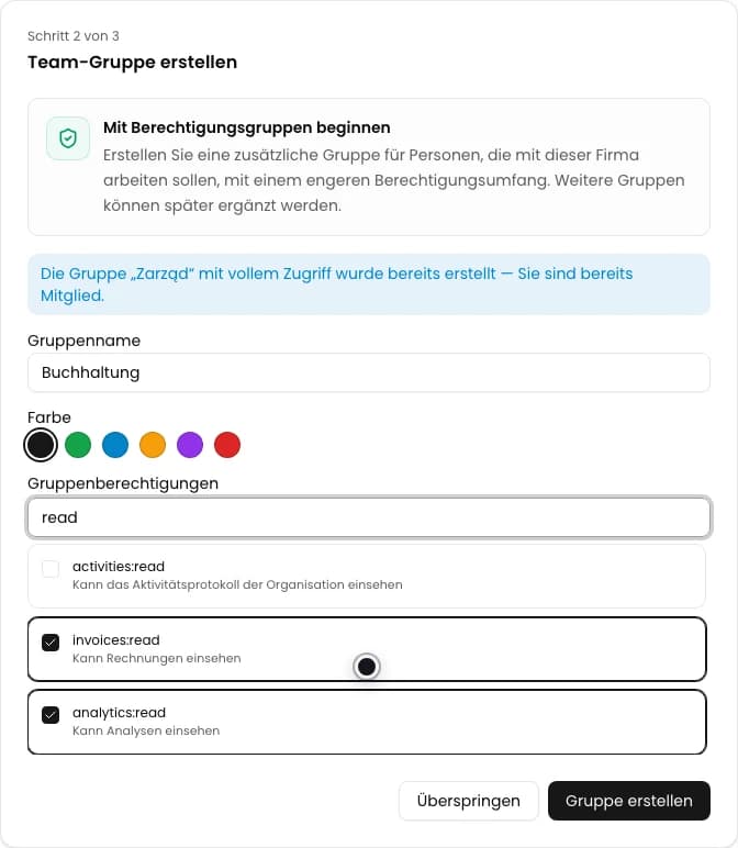Formular der Gruppe Buchhaltung mit ausgewählten Berechtigungen invoices:read und analytics:read