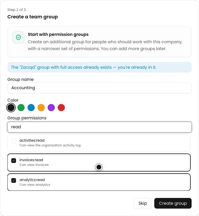 Accounting group form with invoices:read and analytics:read selected