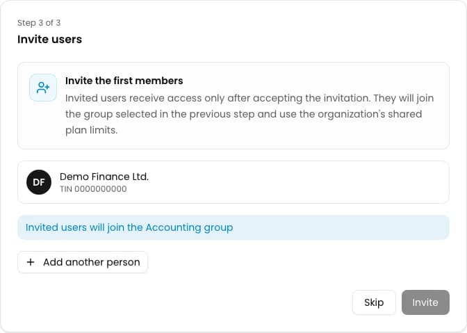 Final organization wizard step with the Accounting group notice and Skip button