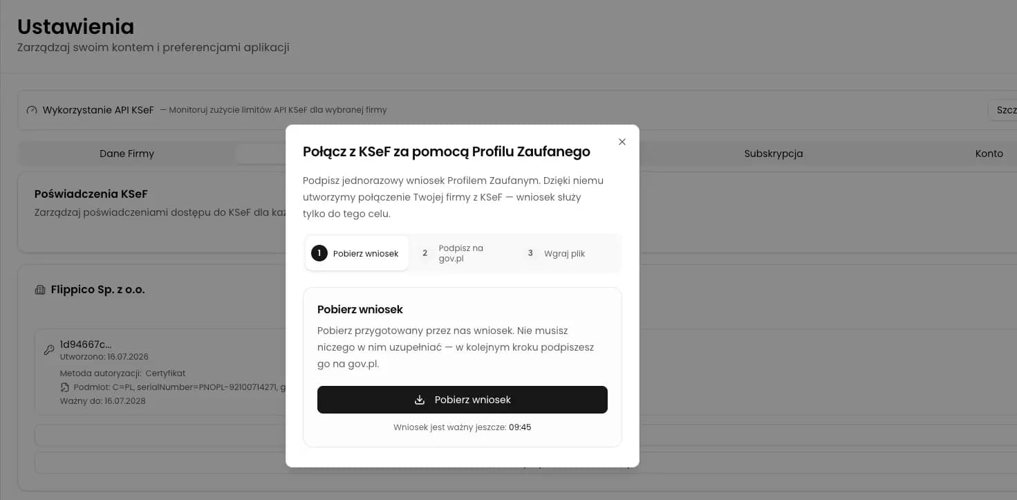 Okno KSeFGPT do pobrania jednorazowego wniosku, który należy podpisać Profilem Zaufanym