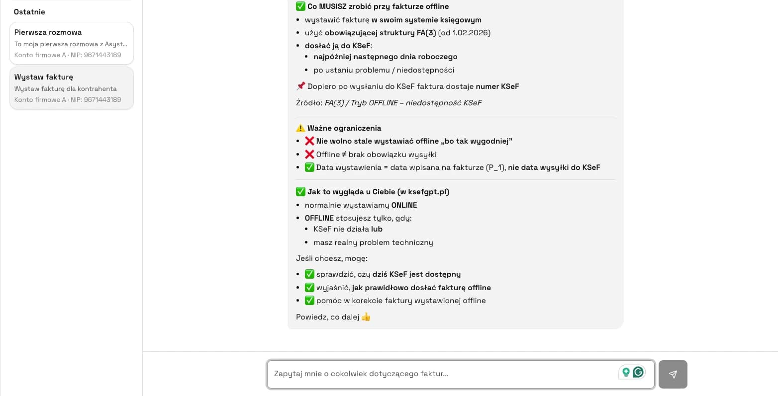 KSeFGPT AI assistant helping prepare an invoice and verify data before submission to KSeF