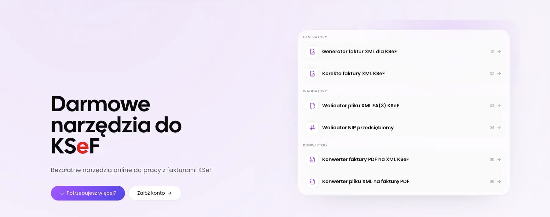 KSeFGPT free tools page - PDF-to-XML converter, XML validator, and other tools available after providing an email address