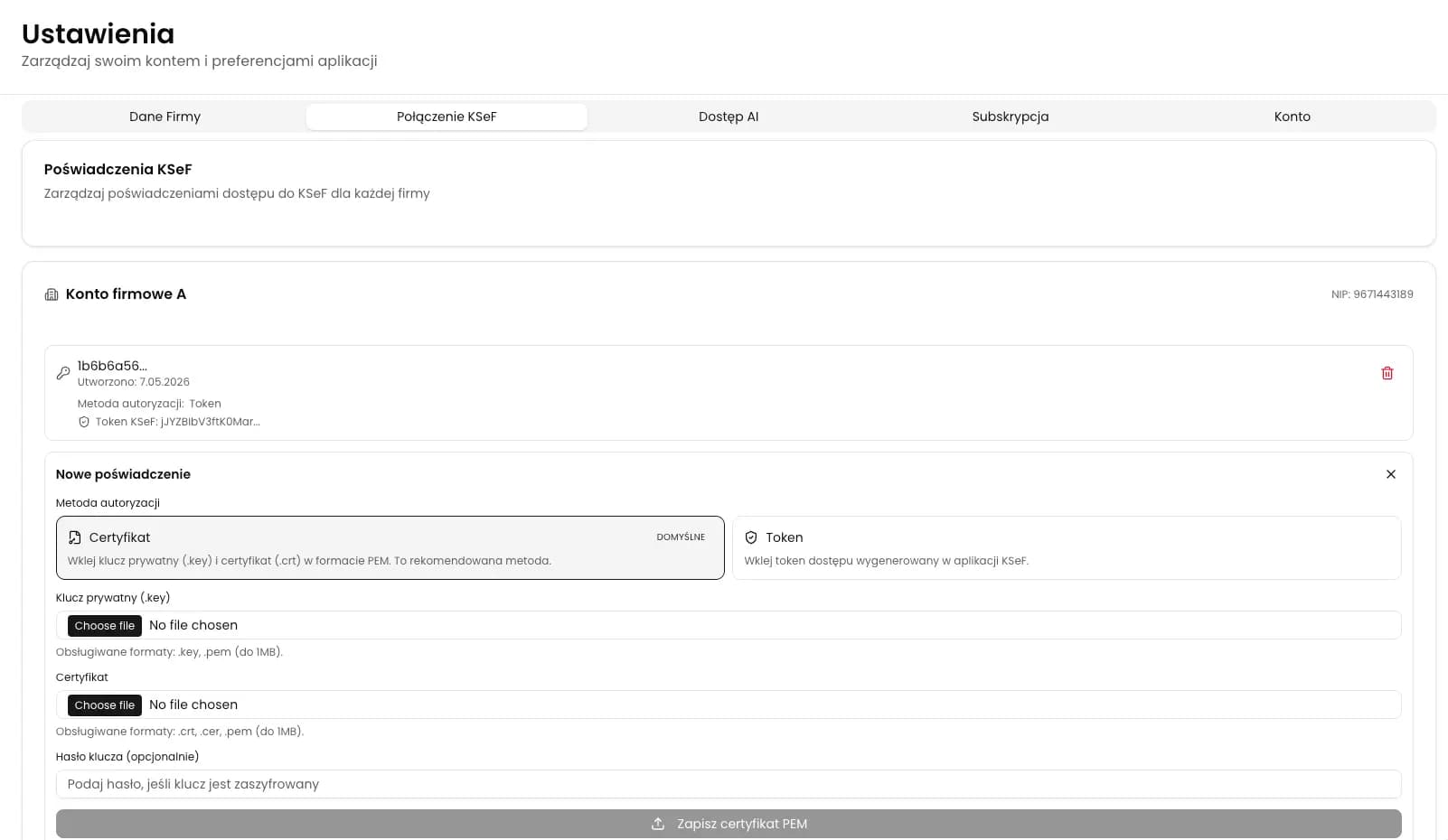 Adding a KSeF certificate with its private key or a token in the KSeF Credentials settings in KSeFGPT