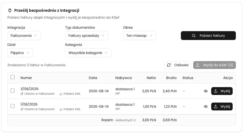 Widok importu z Fakturownia.pl w KSeFGPT z filtrami dokumentów i przyciskami wysyłki do KSeF