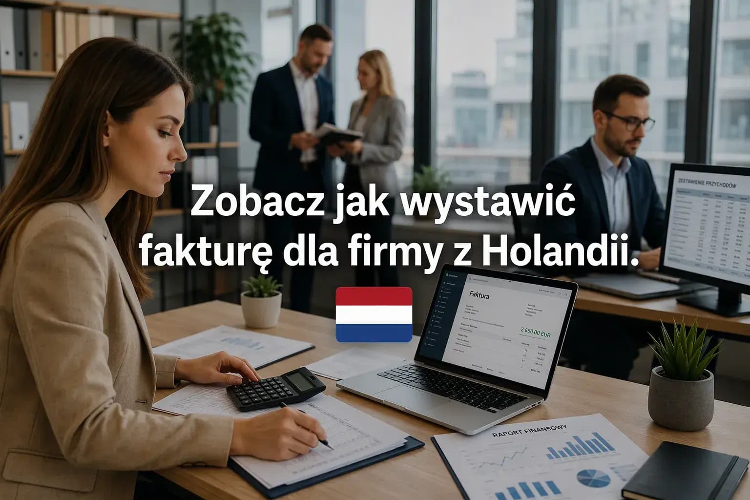 Kobieta z kalkulatorem przy laptopie z fakturą, flaga Holandii i napis o wystawianiu faktury dla firmy z Holandii.