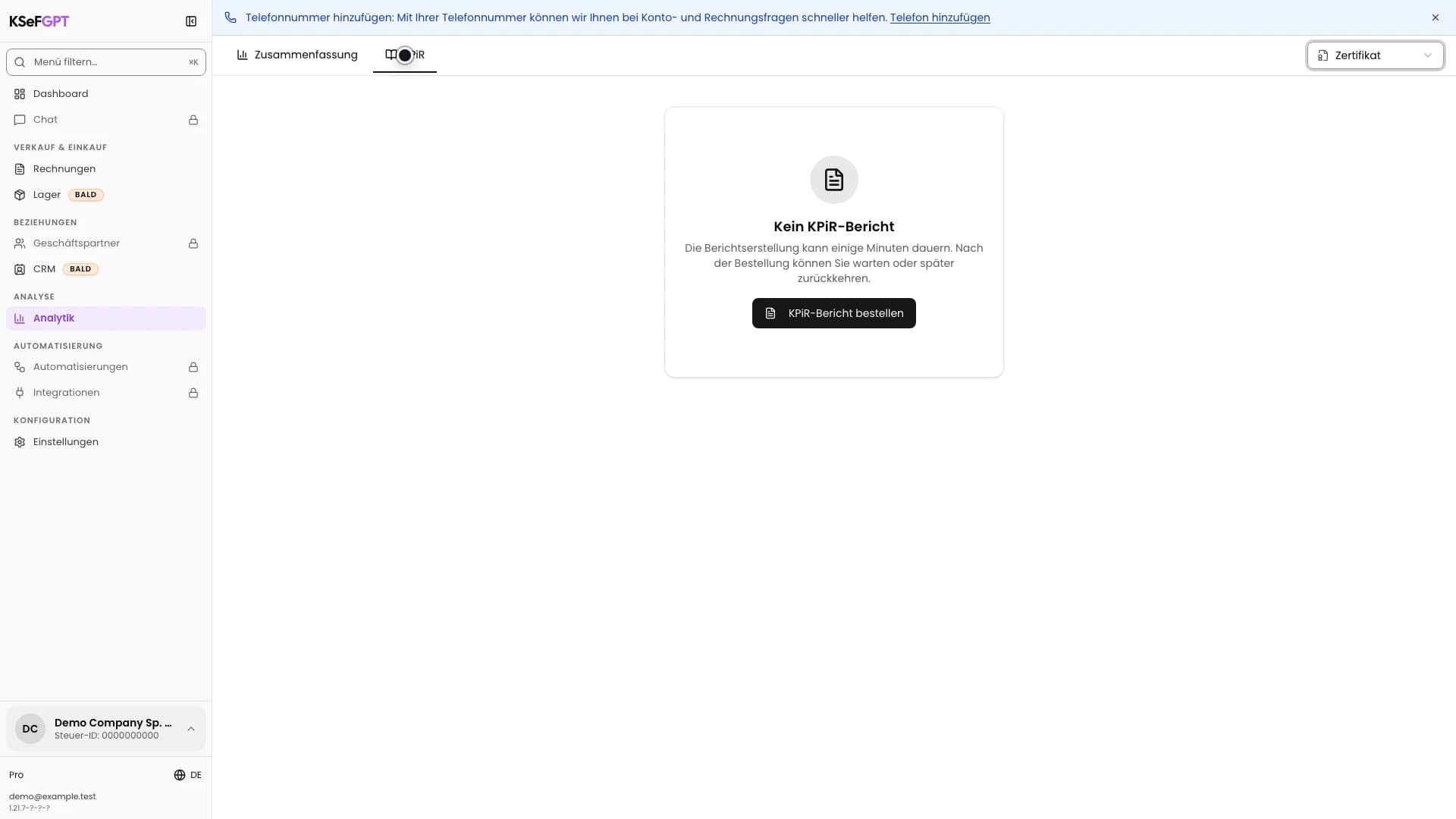 KPiR in Analytik mit ausgewähltem Zertifikat und dem Hinweis Kein KPiR-Bericht