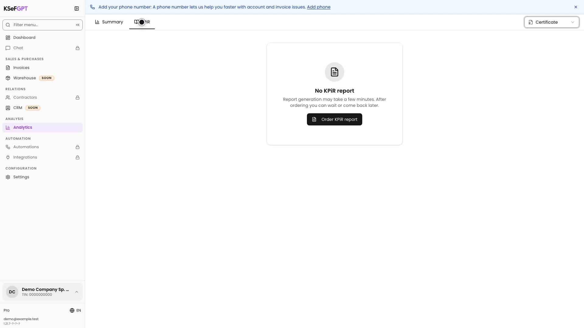 KPiR in Analytics with Certificate selected and a No KPiR report message