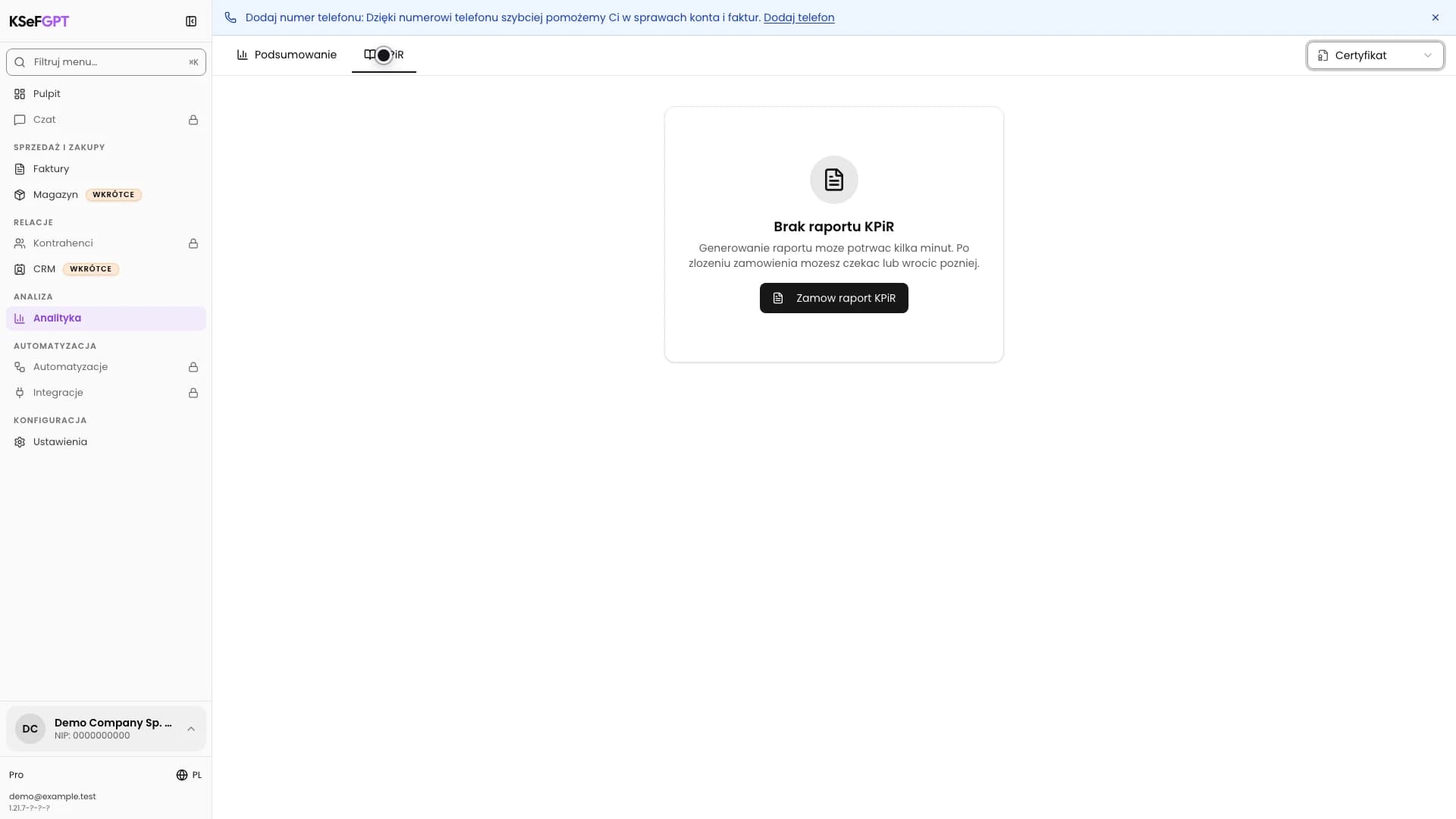 Karta KPiR w module Analityka z wybraną metodą Certyfikat i komunikatem Brak raportu KPiR