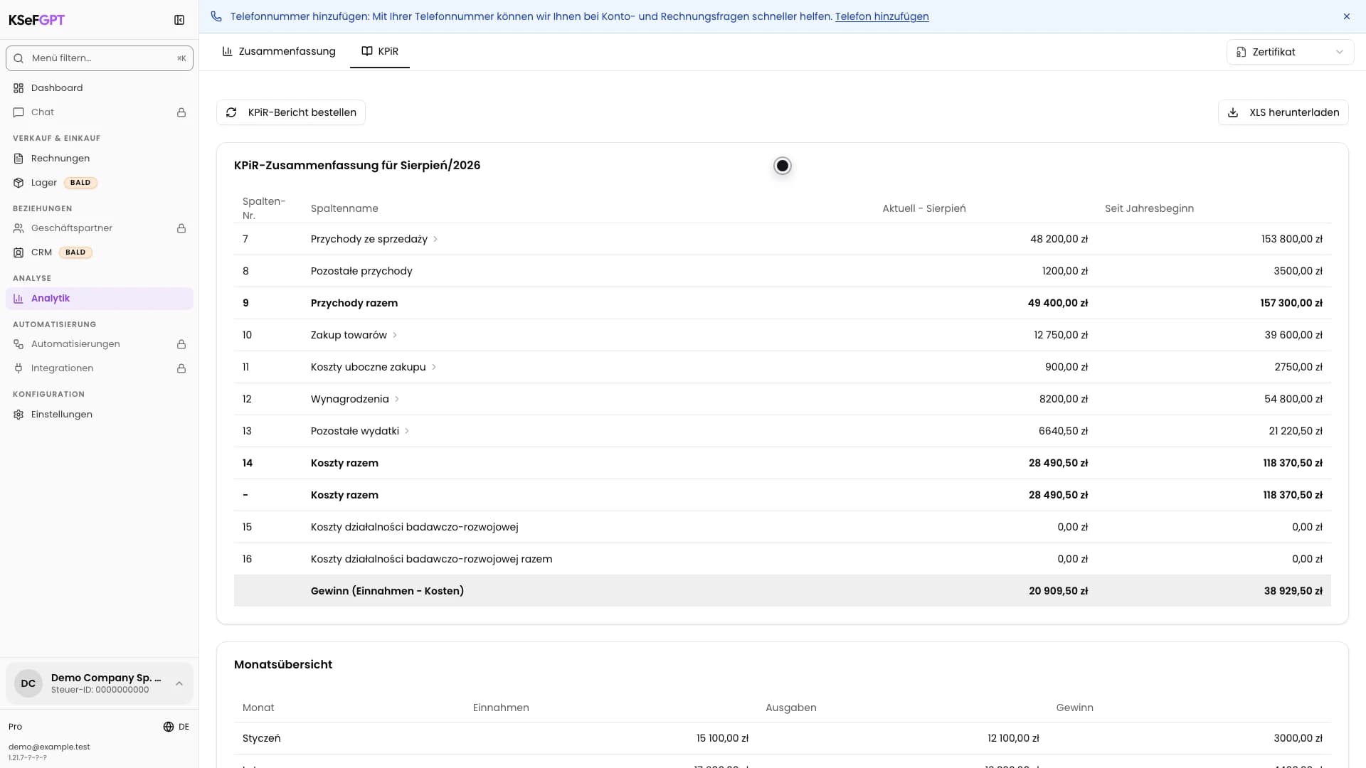 Fertiger KPiR-Bericht für August 2026 mit Werten des aktuellen Monats und seit Jahresbeginn