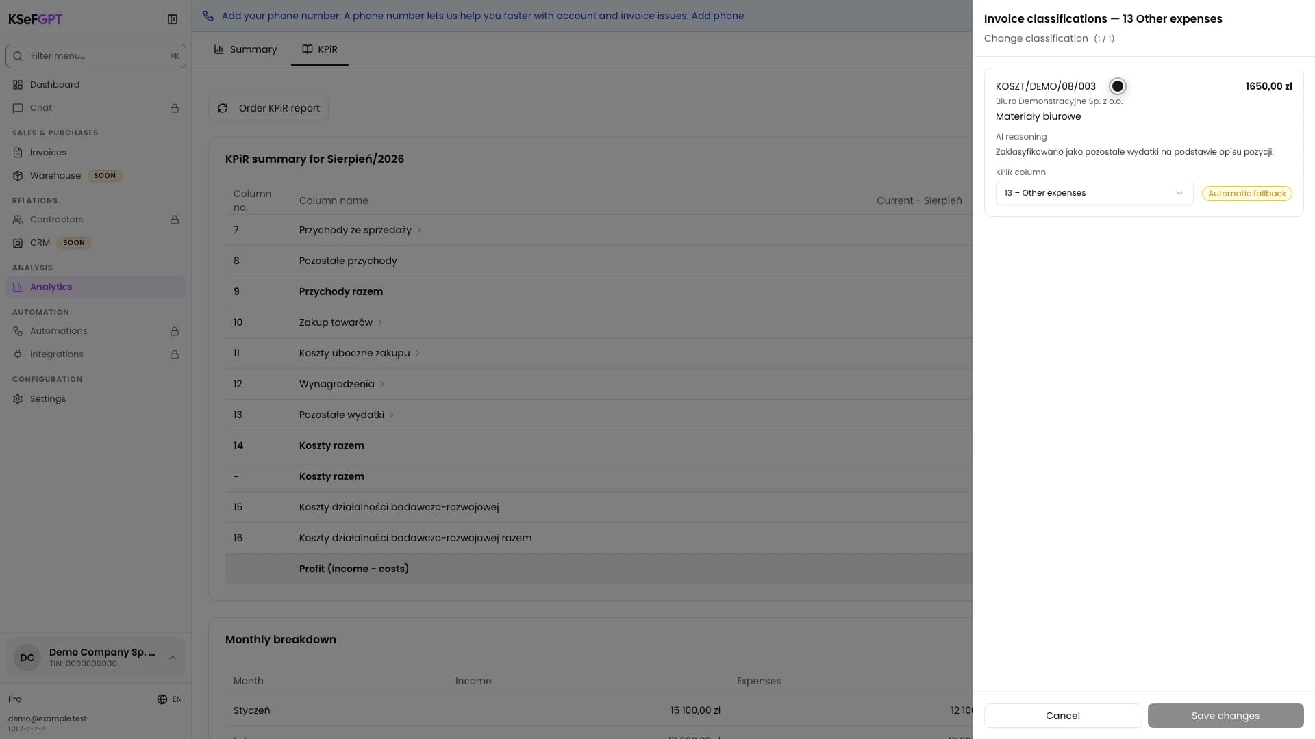 Invoice classifications panel for column 13 with a demonstration Office supplies item and AI reasoning