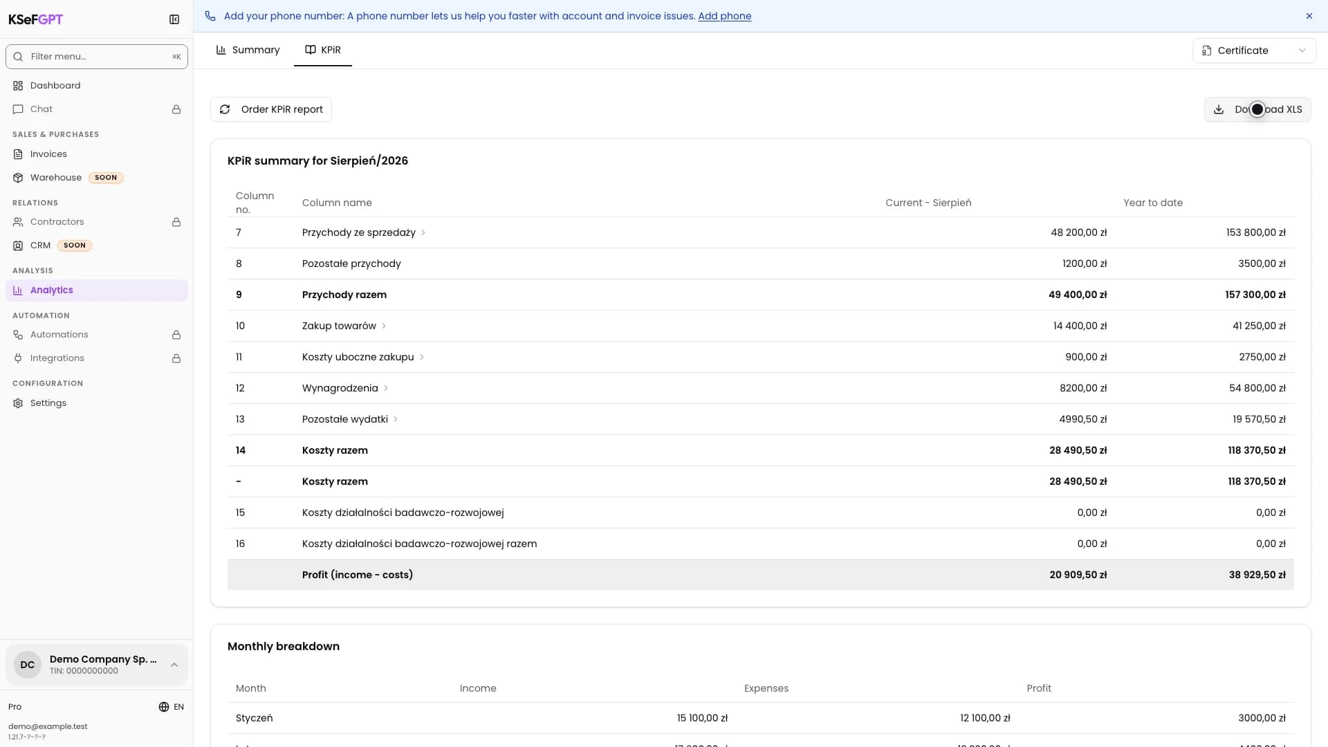 Completed KPiR report with the Download XLS button visible