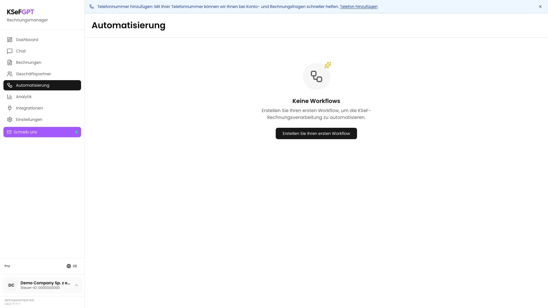 Leeres Modul Automatisierung in KSeFGPT mit der Schaltfläche zum Erstellen des ersten Workflows
