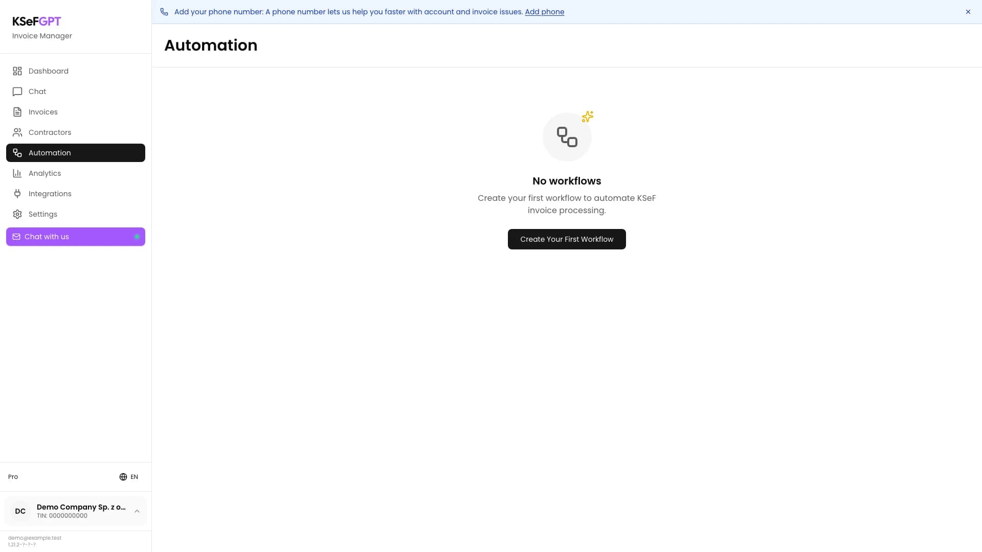 Empty Automation module in KSeFGPT with the Create Your First Workflow button