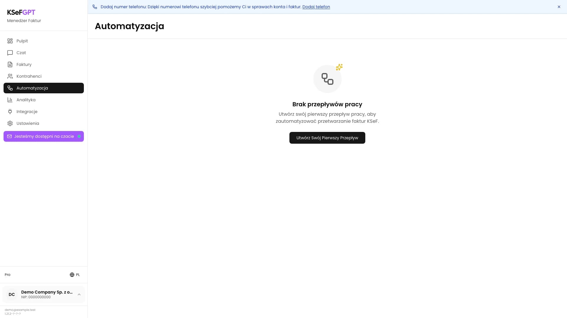 Pusty moduł Automatyzacja w KSeFGPT z przyciskiem Utwórz Swój Pierwszy Przepływ