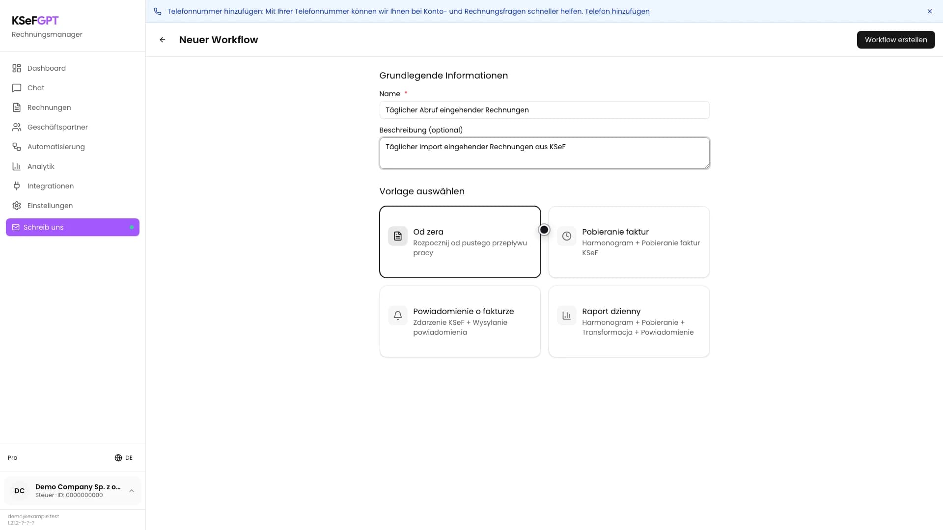 Bildschirm Neuer Workflow mit Name und Beschreibung des Rechnungsabrufs