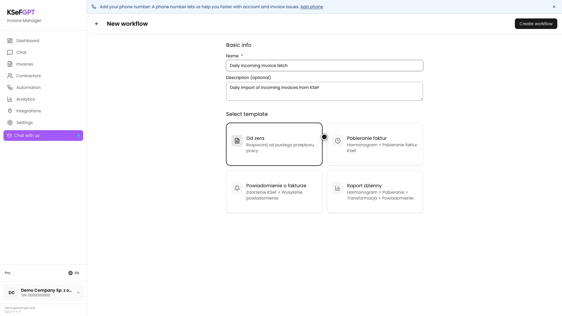 New workflow screen with the name and description of an invoice fetch automation