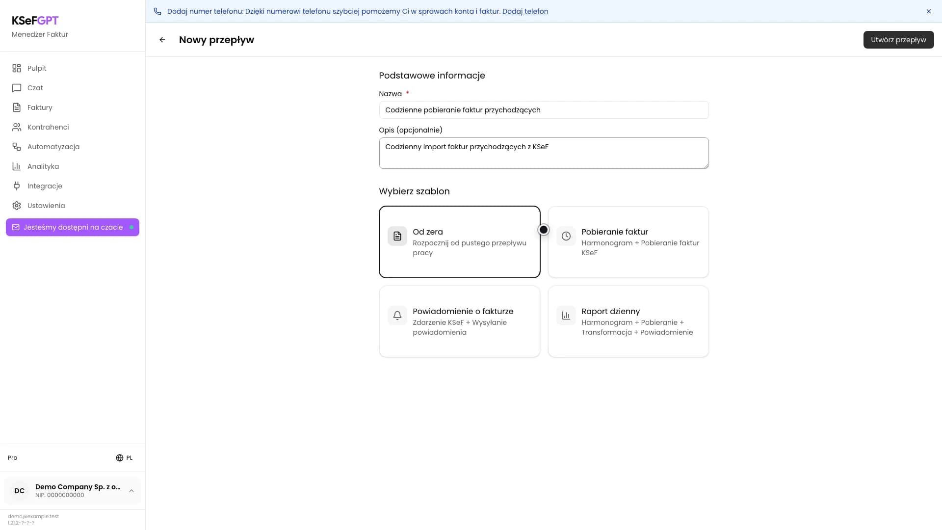 Ekran Nowy przepływ z nazwą i opisem automatyzacji pobierania faktur