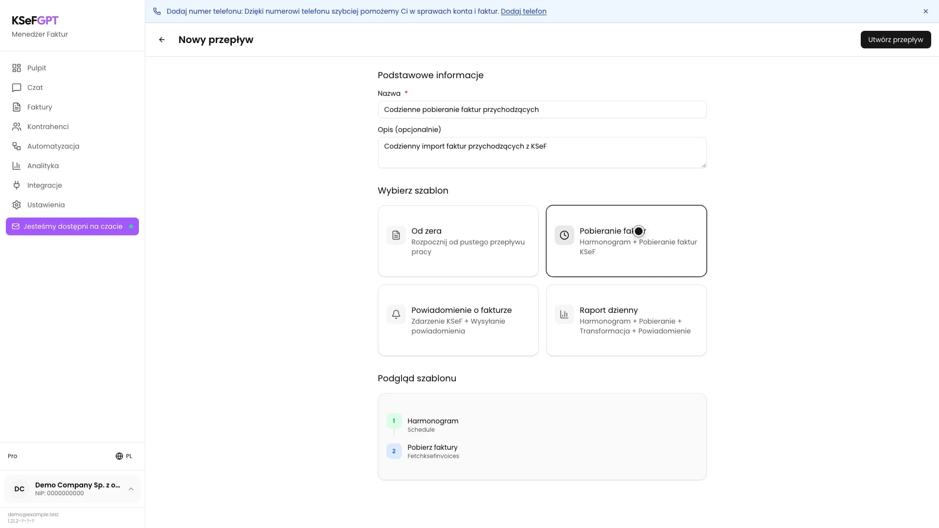 Wybrany szablon Pobieranie faktur z podglądem bloków Harmonogram i Pobierz faktury