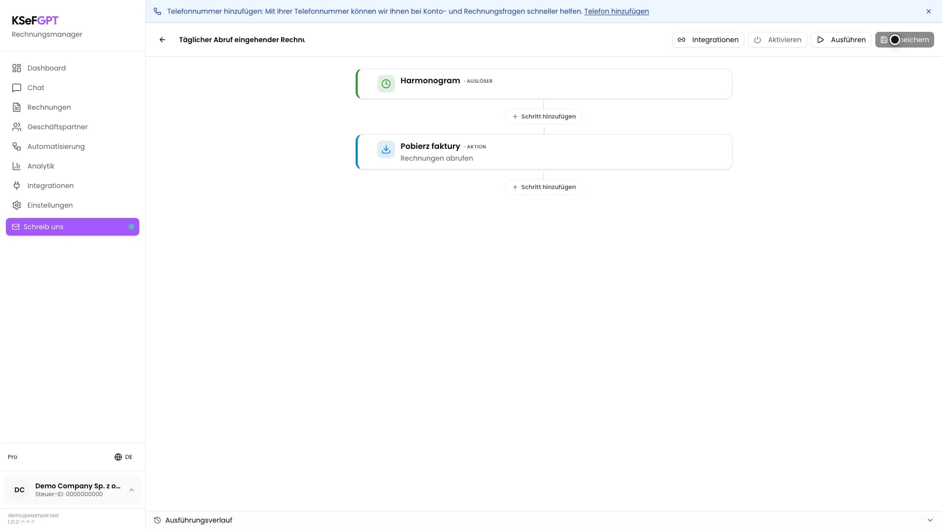 Automatisierungseditor mit Harmonogram und Pobierz faktury sowie deaktiviertem Speichern