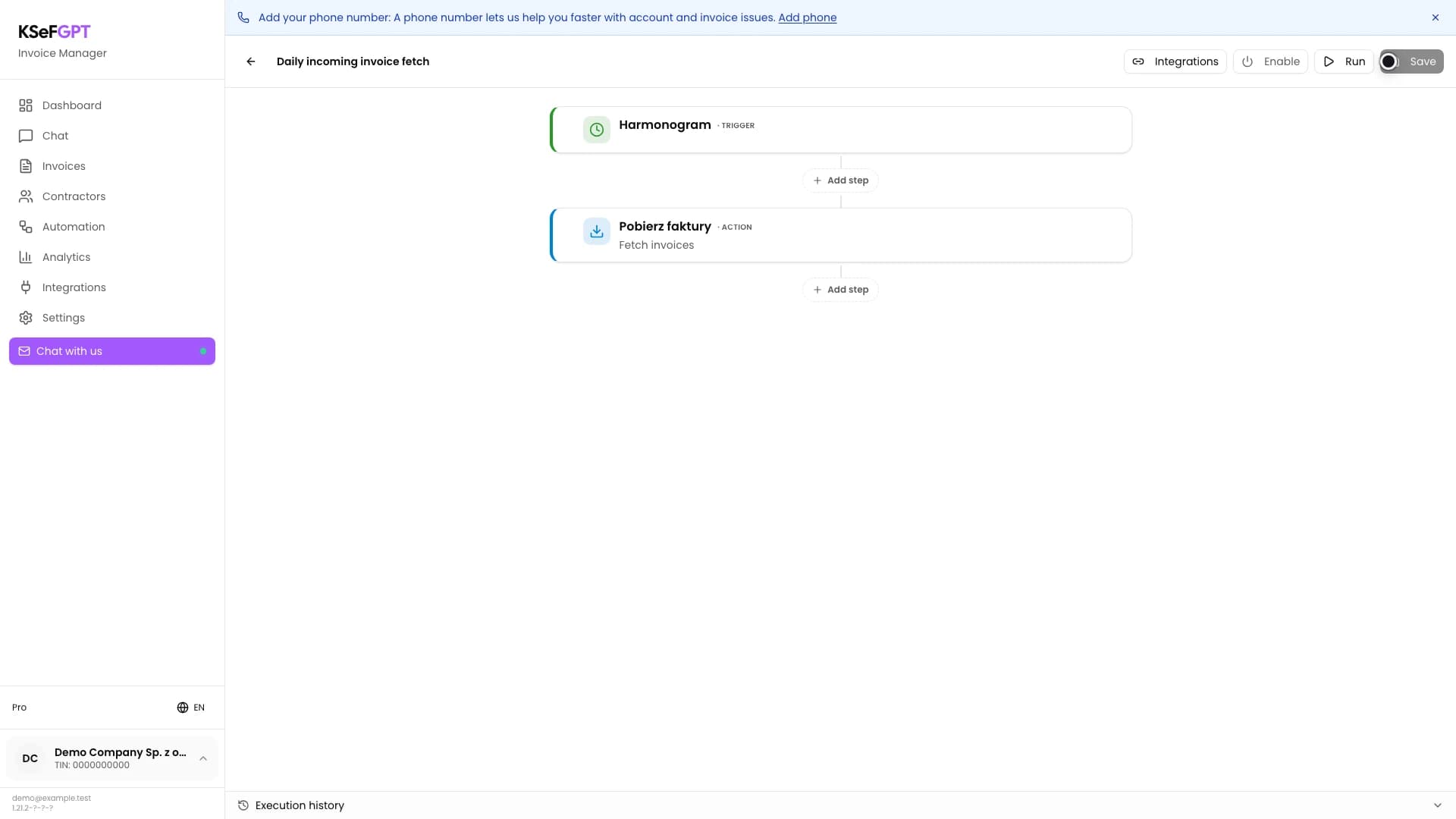 Automation editor with Harmonogram and Pobierz faktury blocks and a disabled Save button