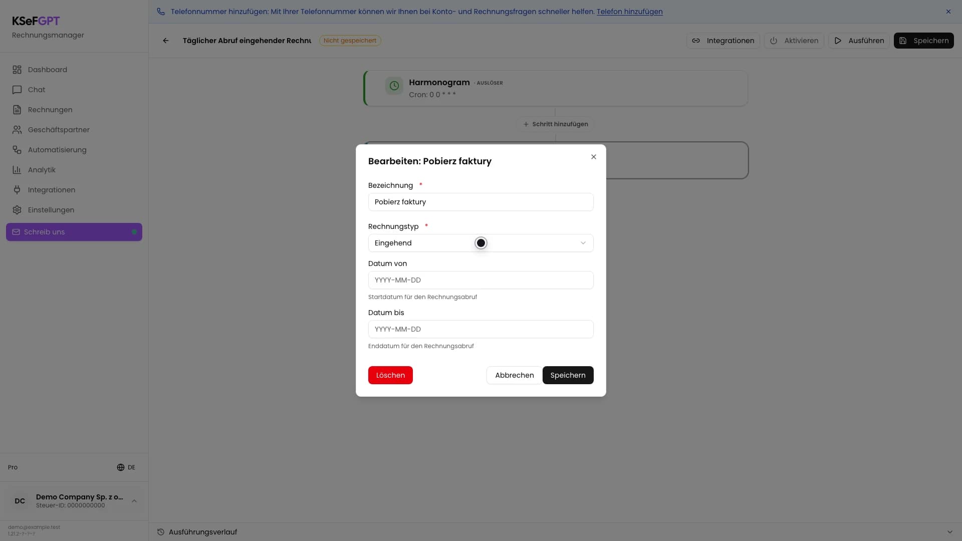 Bearbeitungsfenster Pobierz faktury mit dem Rechnungstyp Eingehend