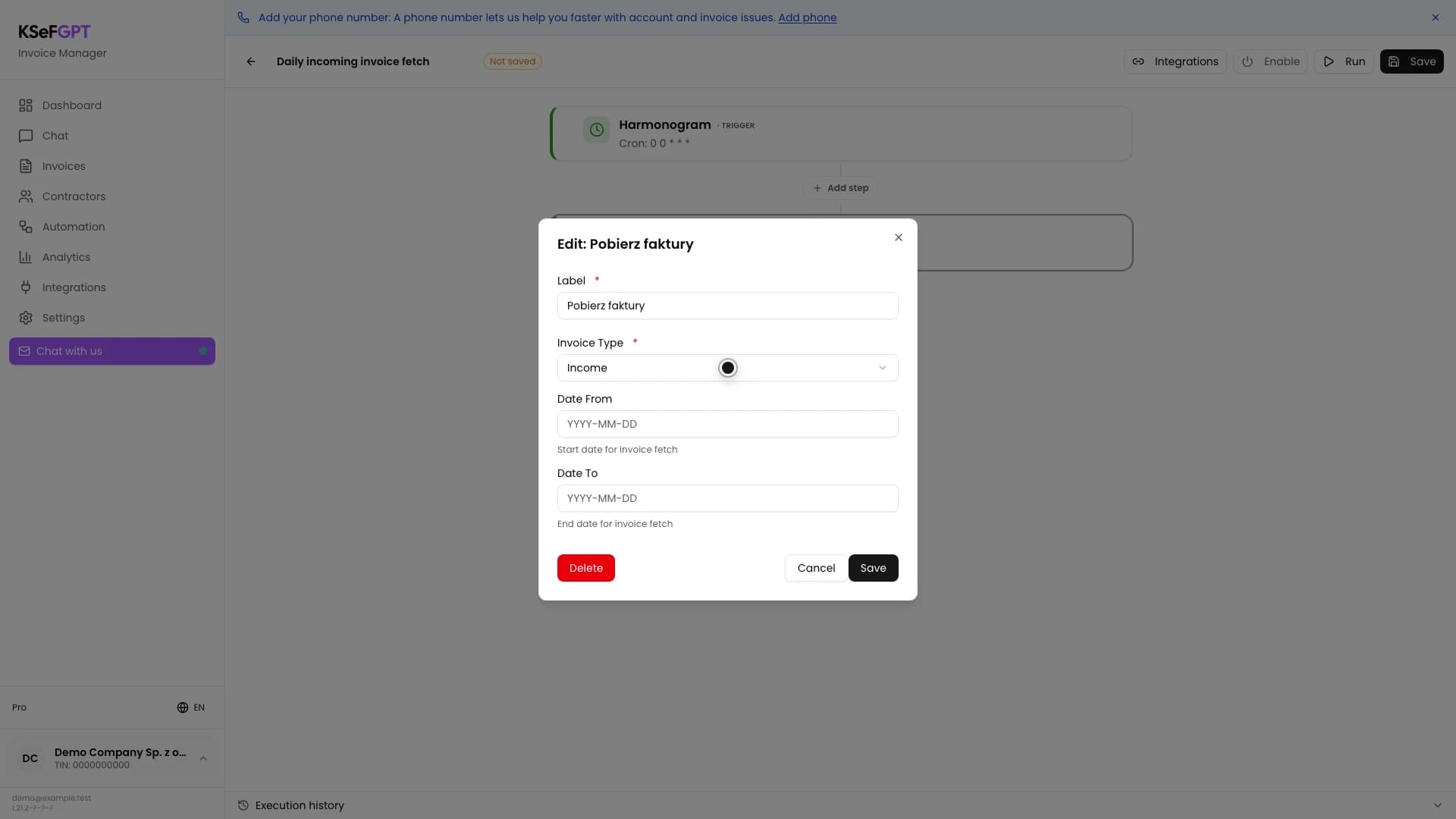 Pobierz faktury edit window with Income selected as the invoice type