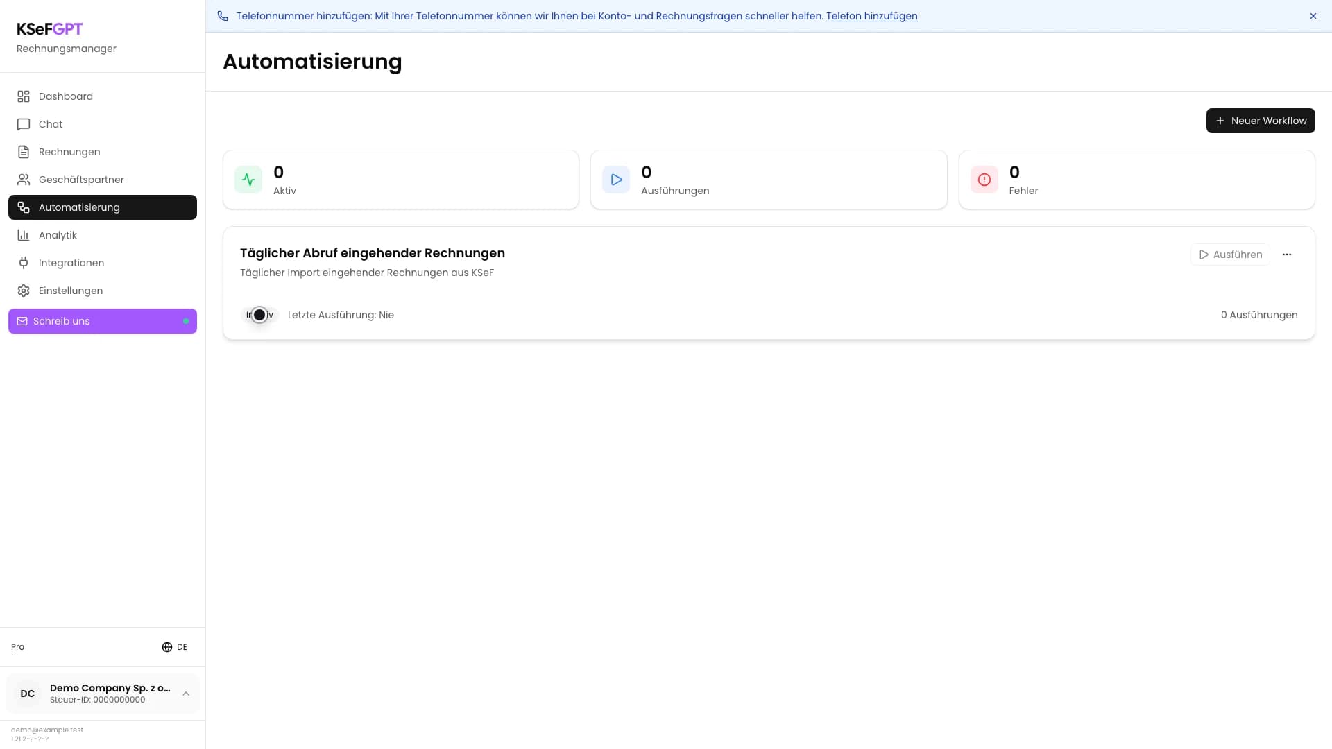 Automatisierungsliste mit dem gespeicherten täglichen Rechnungsabruf im Status Inaktiv