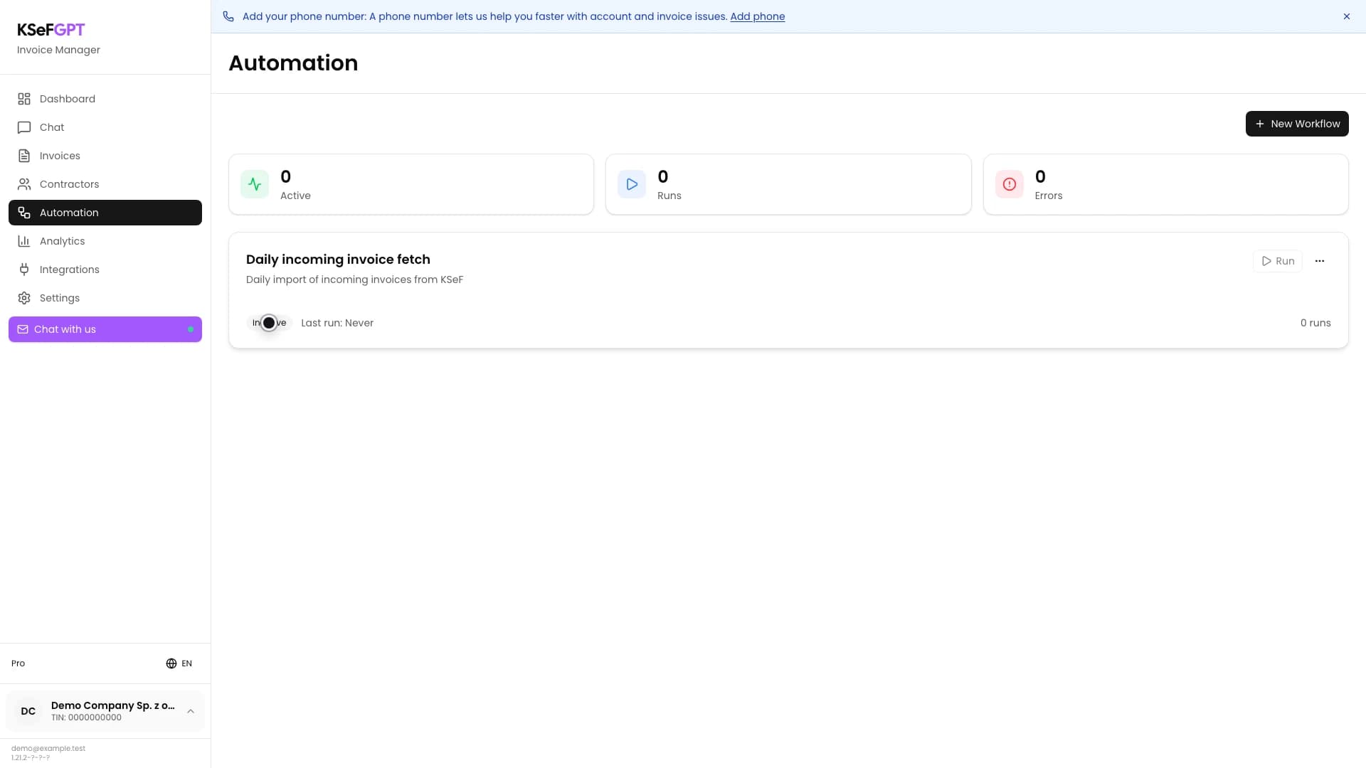 Automation list with the saved Daily incoming invoice fetch workflow in Inactive status