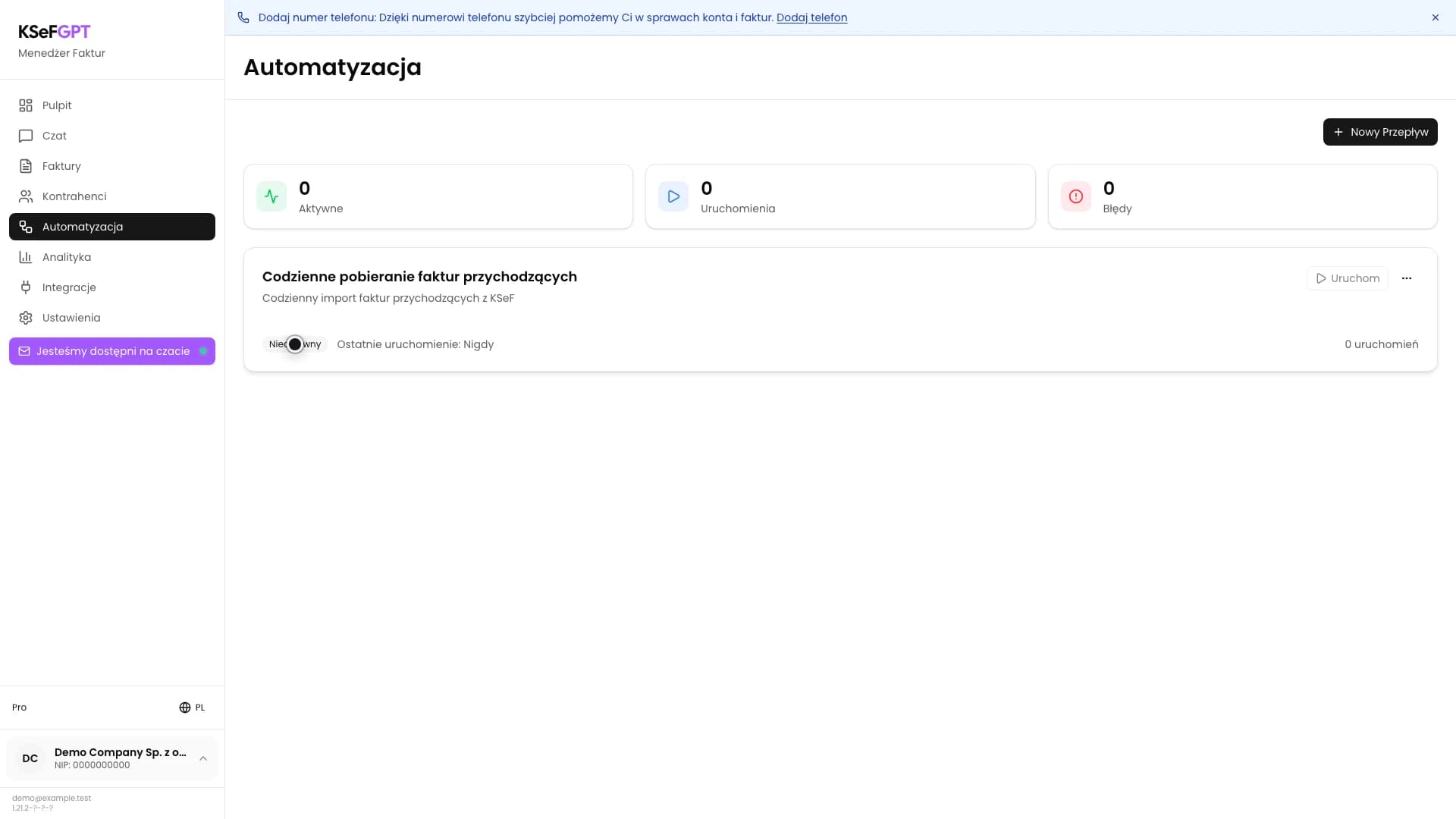 Lista automatyzacji z zapisanym przepływem Codzienne pobieranie faktur przychodzących w statusie Nieaktywny