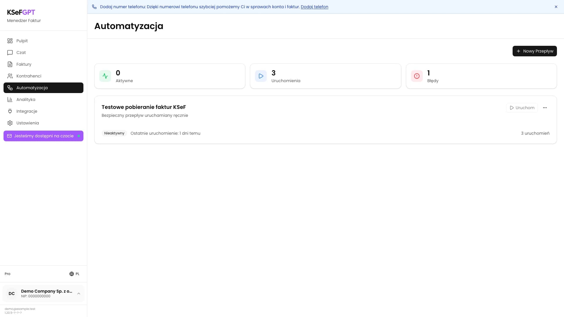 Moduł Automatyzacja z nieaktywnym testowym przepływem i wyłączonym przyciskiem Uruchom