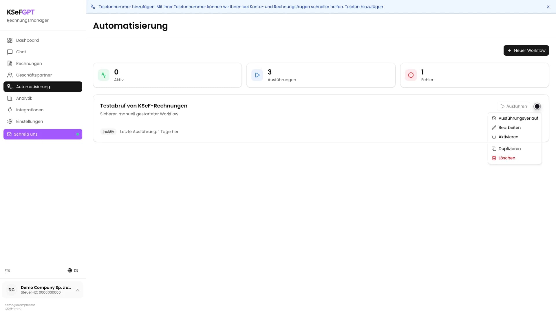 Menü des Testworkflows mit Aktivieren