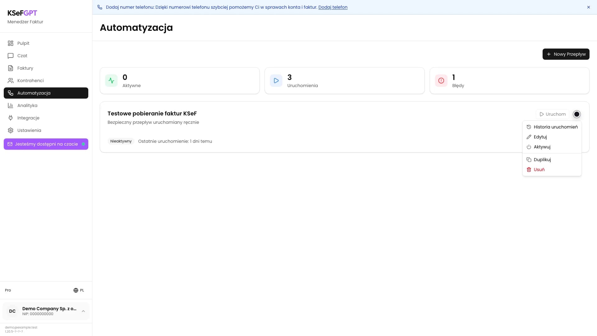 Menu testowego przepływu z opcją Aktywuj