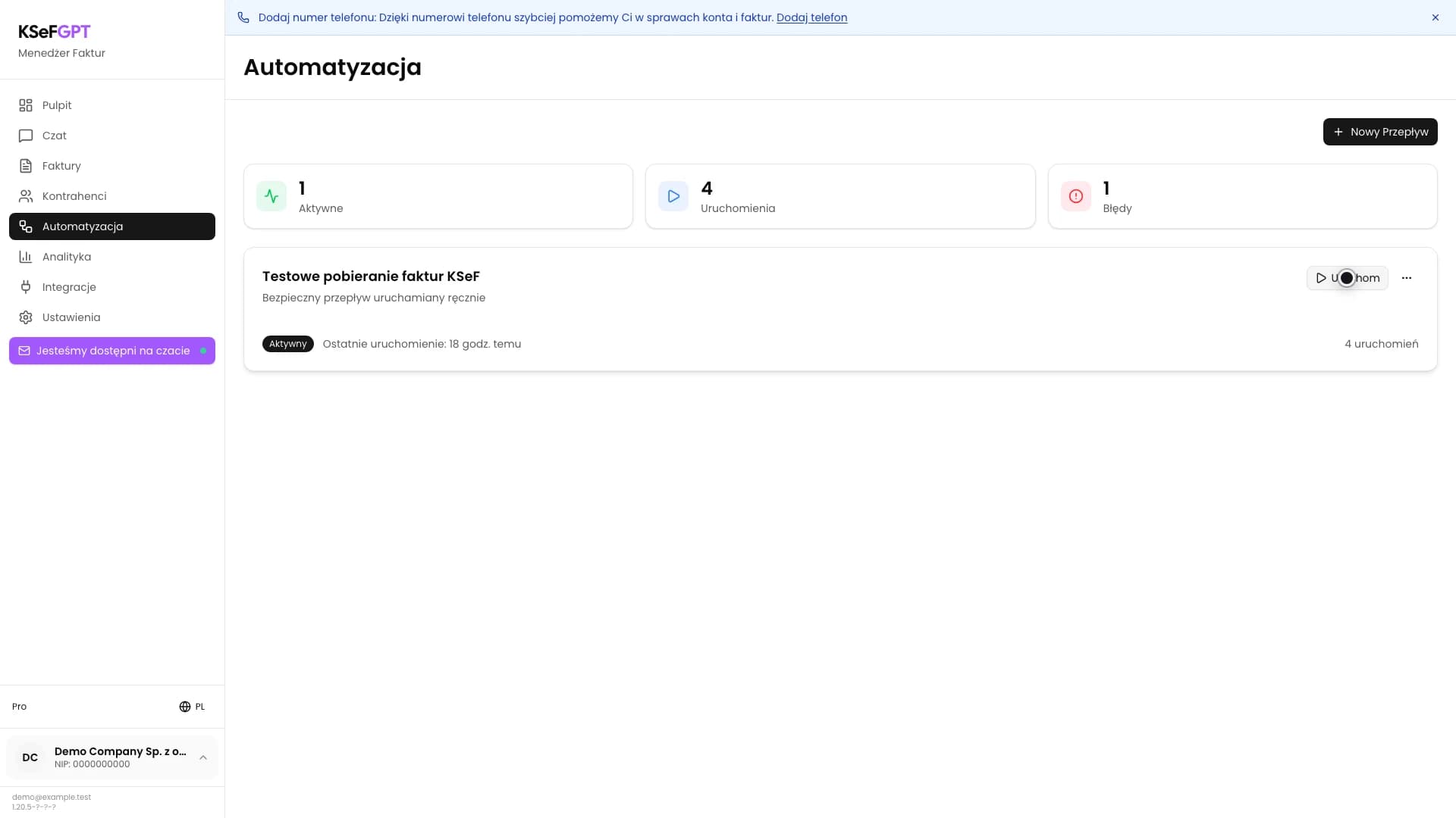 Aktywny przepływ po ręcznym uruchomieniu z większą liczbą wykonań