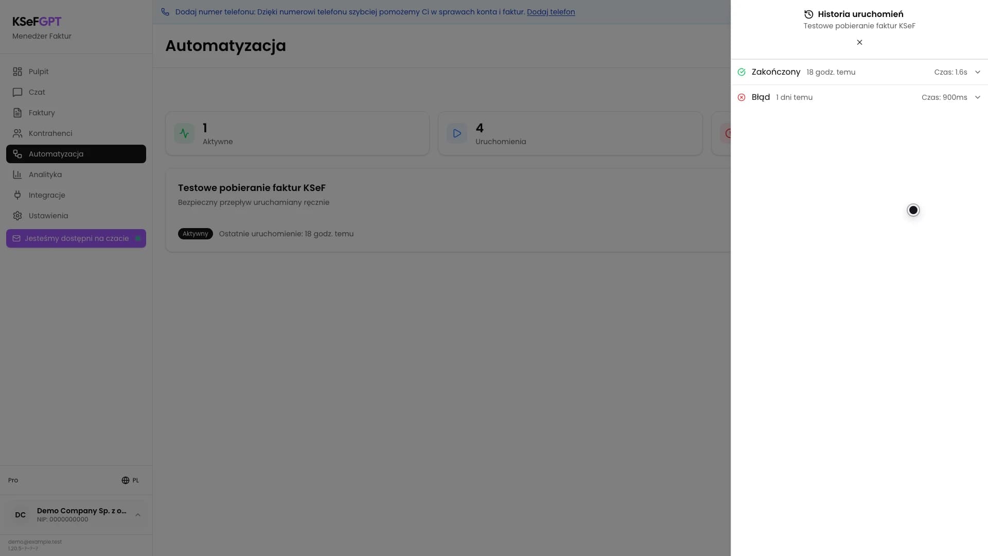 Historia uruchomień z zakończonym i błędnym wykonaniem oraz ich czasem
