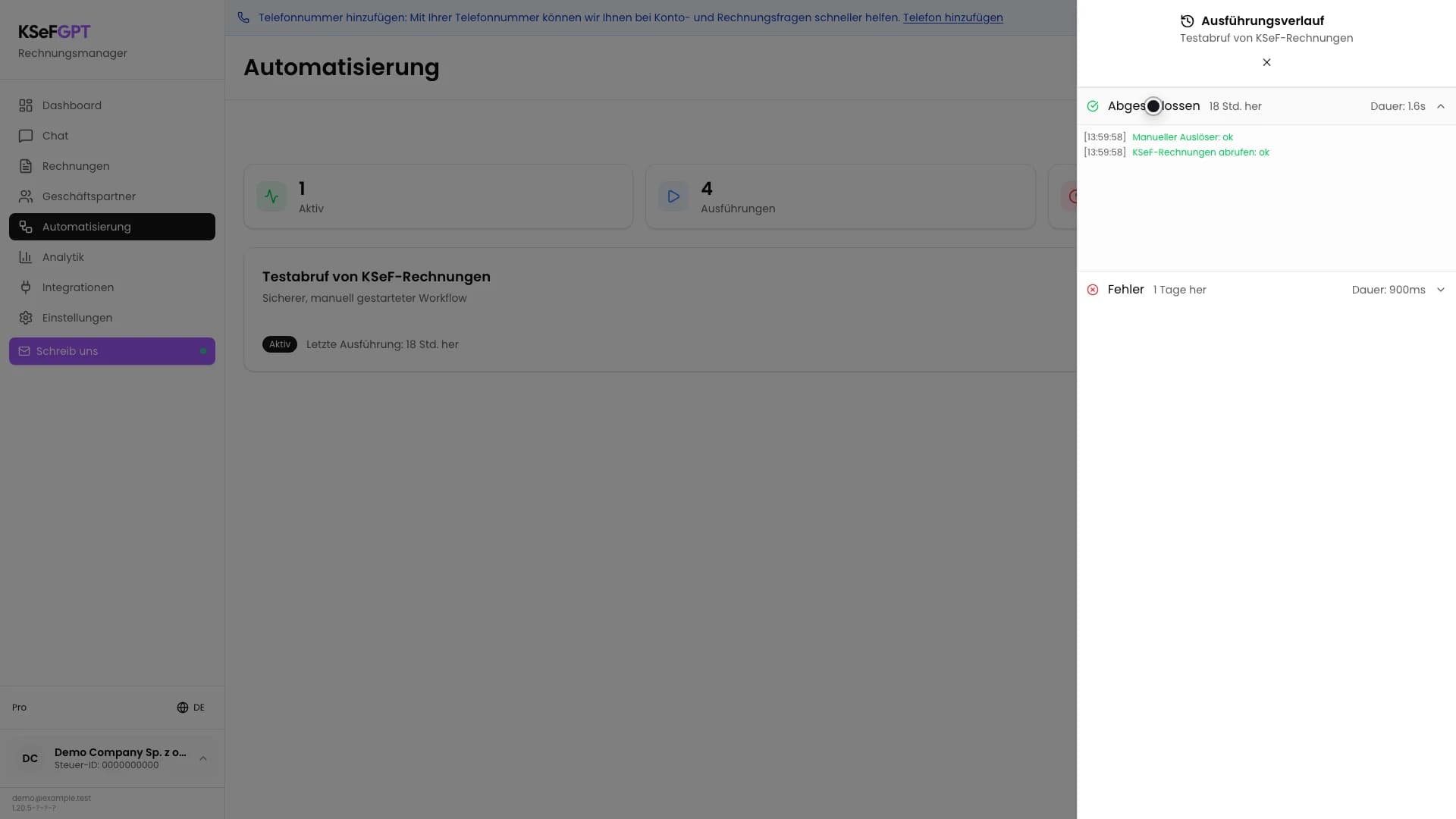 Aufgeklappte abgeschlossene Ausführung mit zwei Blöcken im Status ok
