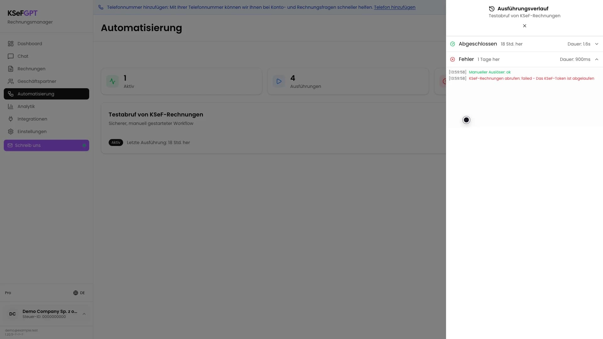 Aufgeklappte fehlgeschlagene Ausführung mit abgelaufenem KSeF-Token