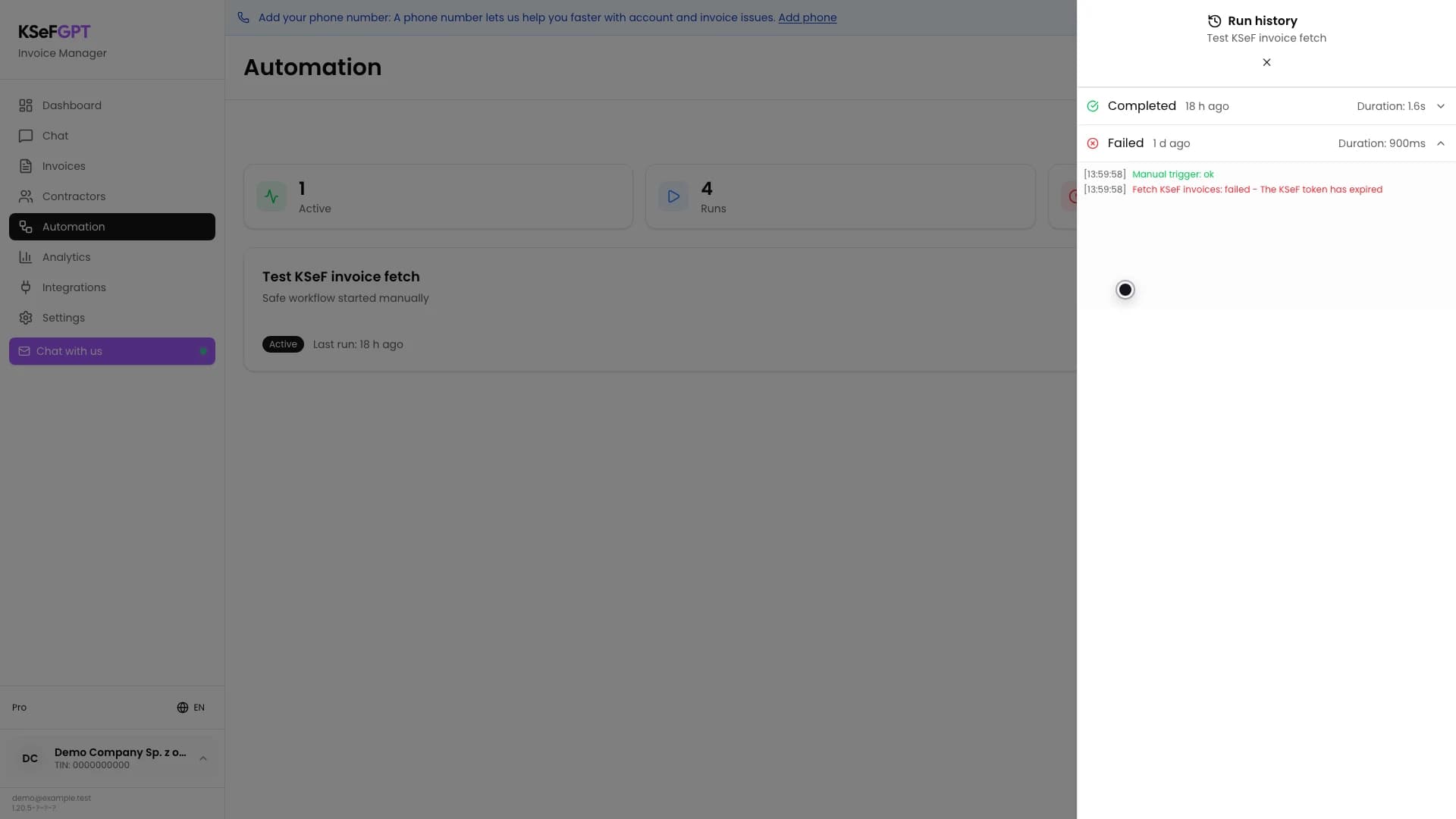 Expanded failed execution with an expired KSeF token message