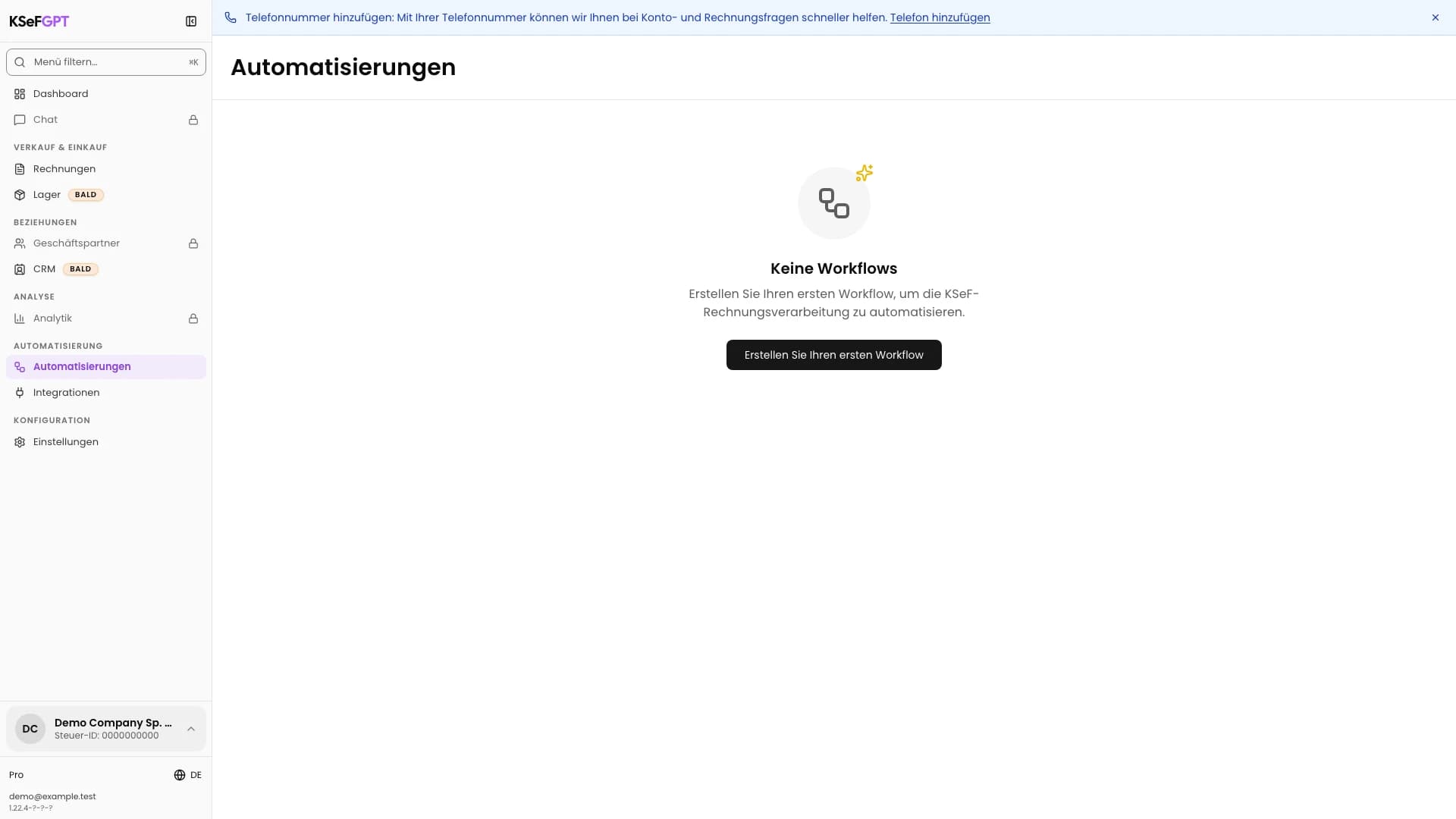 Leeres Modul Automatisierung in KSeFGPT mit der Schaltfläche zum Erstellen des ersten Workflows