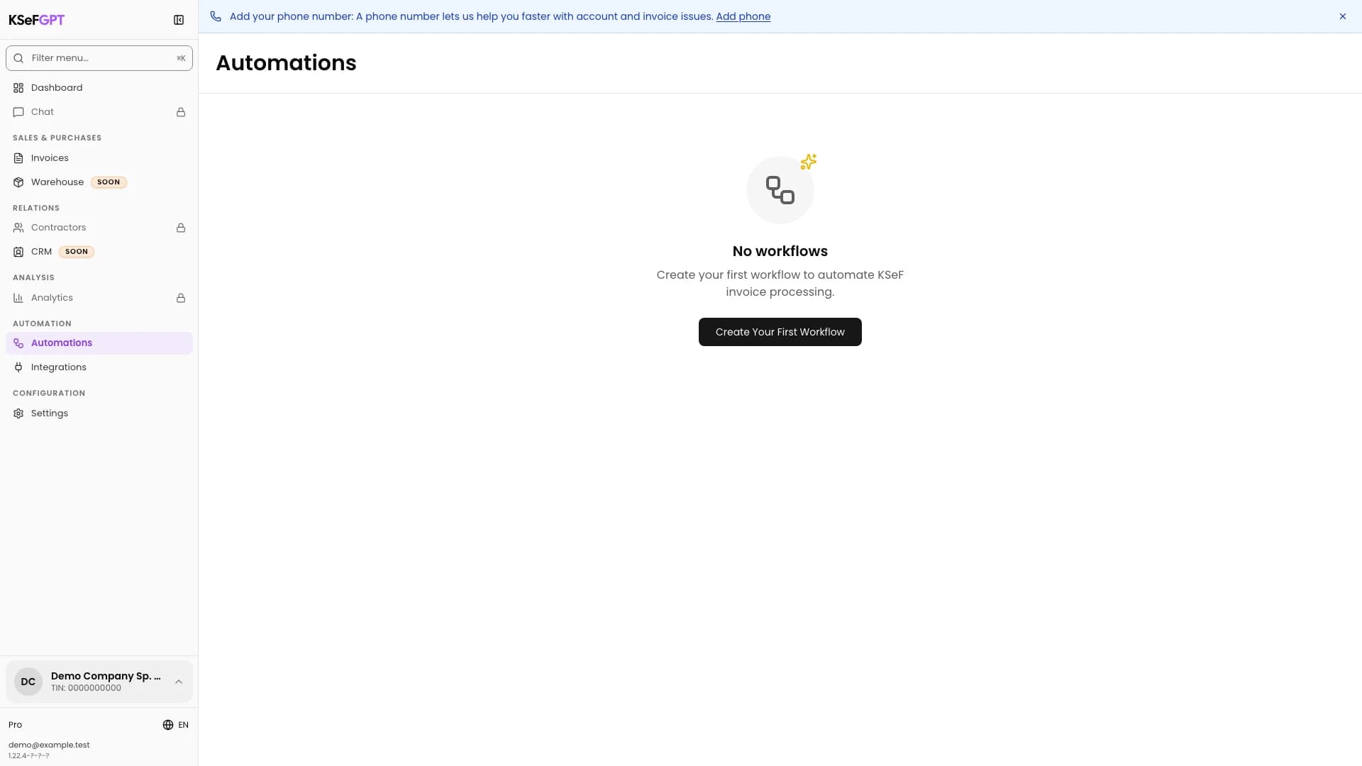 Empty Automation module in KSeFGPT with the Create Your First Workflow button