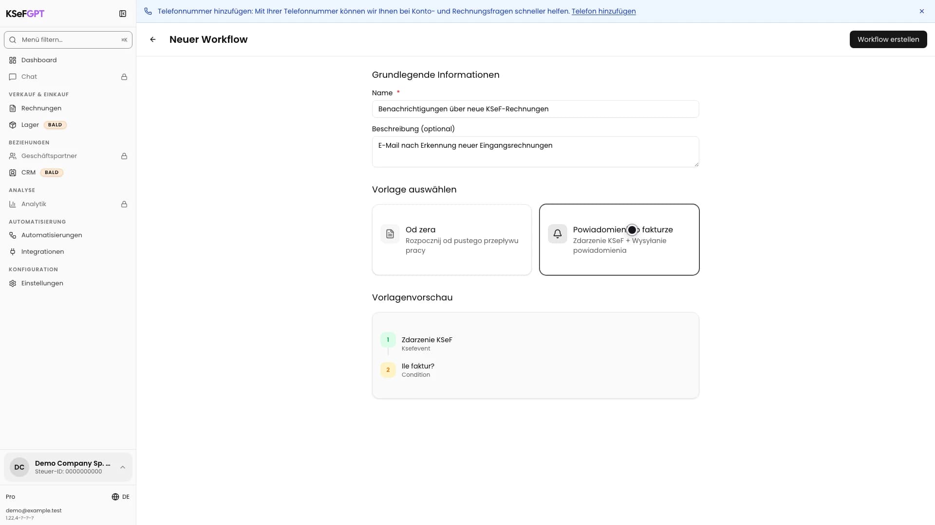 Workflow-Erstellung mit ausgewählter Vorlage Powiadomienie o fakturze