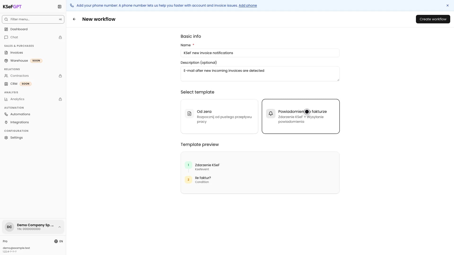 Workflow creator with the Powiadomienie o fakturze template selected