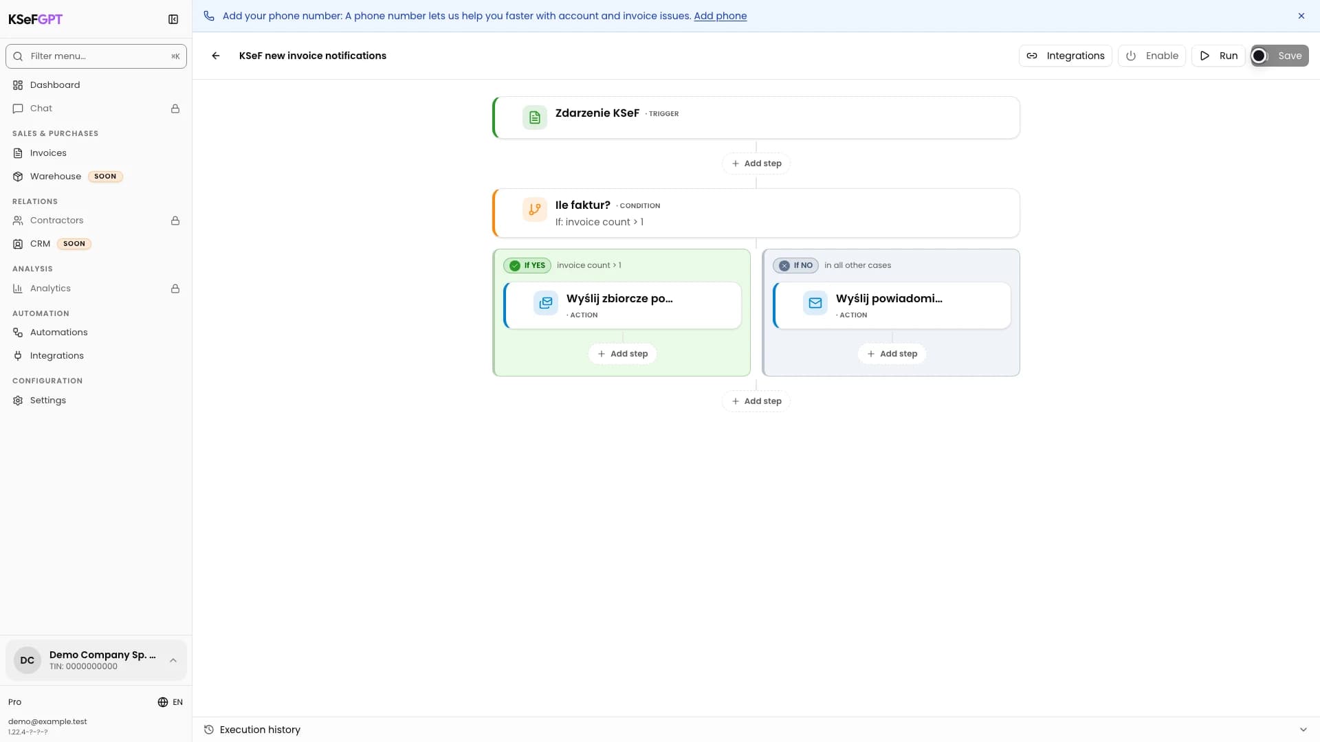 Automation editor with a KSeF event trigger, invoice count condition and two notification branches
